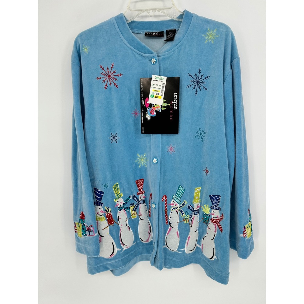 Onque Woman Blue Velour Snowman Embroidered Cardigan‎ Sweater Size 2X Christmas